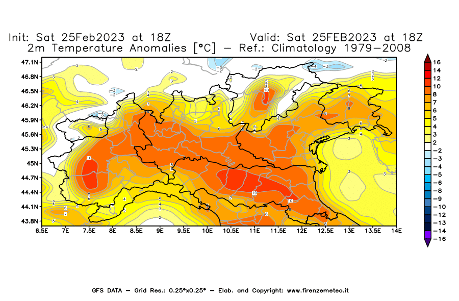 Mappa di analisi GFS - Anomalia Temperatura [°C] a 2 m in Nord-Italia
							del 25/02/2023 18 <!--googleoff: index-->UTC<!--googleon: index-->