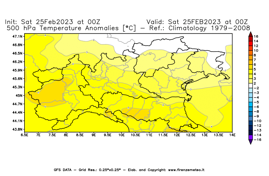 Mappa di analisi GFS - Anomalia Temperatura [°C] a 500 hPa in Nord-Italia
							del 25/02/2023 00 <!--googleoff: index-->UTC<!--googleon: index-->