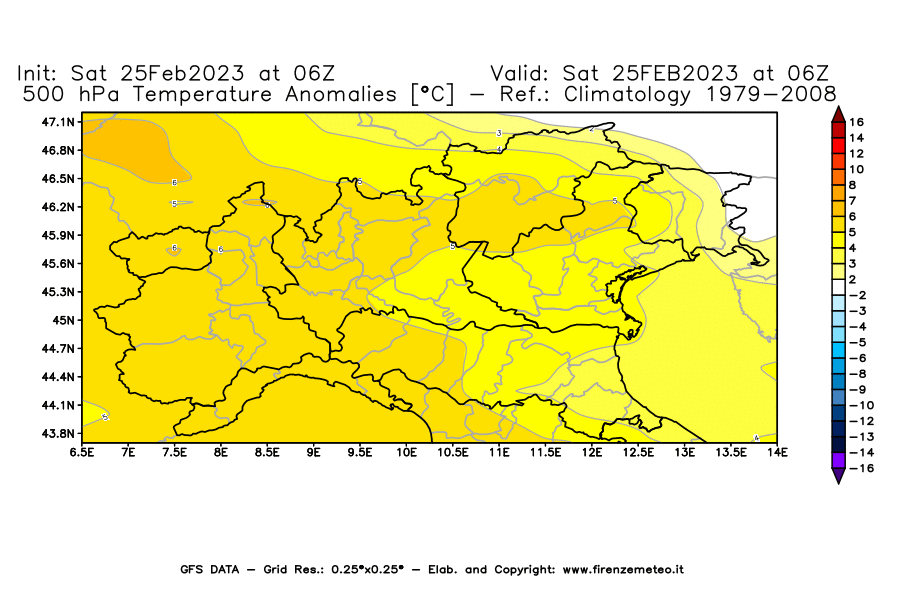 Mappa di analisi GFS - Anomalia Temperatura [°C] a 500 hPa in Nord-Italia
							del 25/02/2023 06 <!--googleoff: index-->UTC<!--googleon: index-->