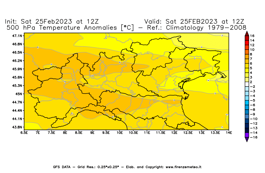 Mappa di analisi GFS - Anomalia Temperatura [°C] a 500 hPa in Nord-Italia
							del 25/02/2023 12 <!--googleoff: index-->UTC<!--googleon: index-->