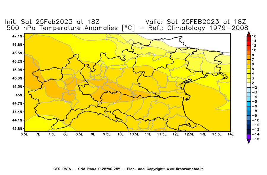 Mappa di analisi GFS - Anomalia Temperatura [°C] a 500 hPa in Nord-Italia
							del 25/02/2023 18 <!--googleoff: index-->UTC<!--googleon: index-->