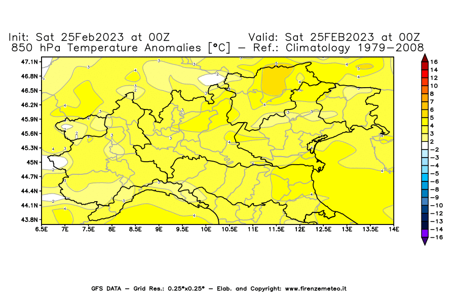 Mappa di analisi GFS - Anomalia Temperatura [°C] a 850 hPa in Nord-Italia
							del 25/02/2023 00 <!--googleoff: index-->UTC<!--googleon: index-->