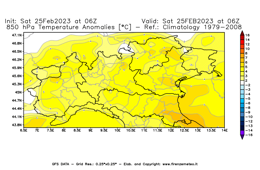 Mappa di analisi GFS - Anomalia Temperatura [°C] a 850 hPa in Nord-Italia
							del 25/02/2023 06 <!--googleoff: index-->UTC<!--googleon: index-->