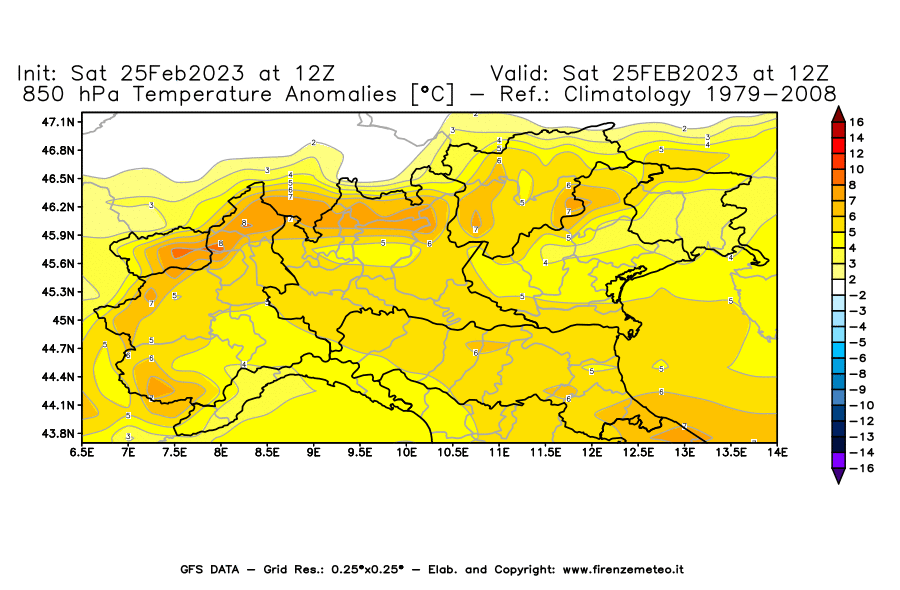 Mappa di analisi GFS - Anomalia Temperatura [°C] a 850 hPa in Nord-Italia
							del 25/02/2023 12 <!--googleoff: index-->UTC<!--googleon: index-->