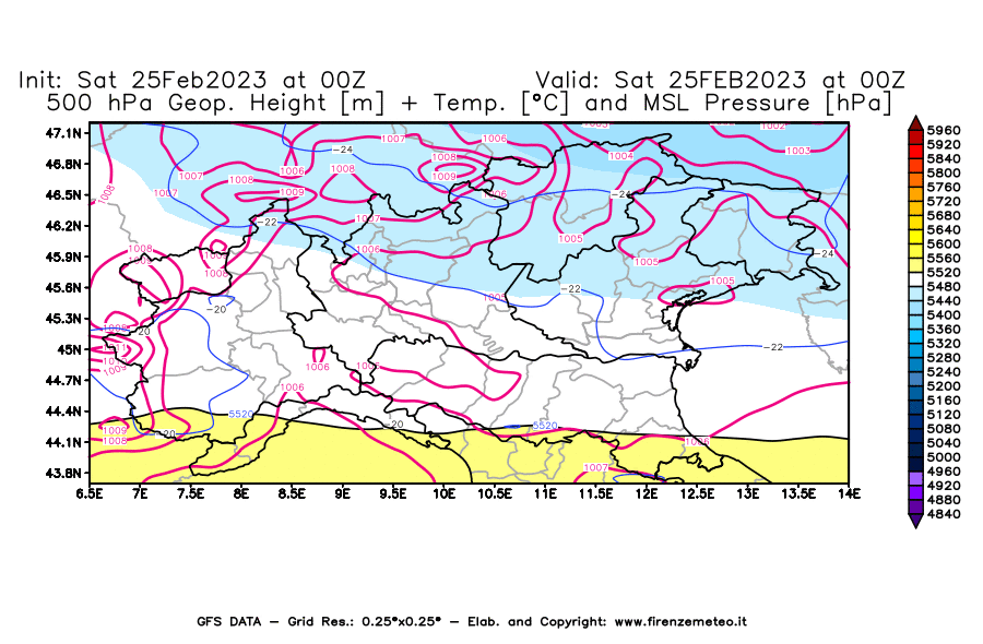Mappa di analisi GFS - Geopotenziale [m] + Temp. [°C] a 500 hPa + Press. a livello del mare [hPa] in Nord-Italia
							del 25/02/2023 00 <!--googleoff: index-->UTC<!--googleon: index-->