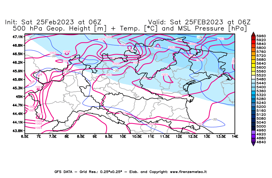 Mappa di analisi GFS - Geopotenziale [m] + Temp. [°C] a 500 hPa + Press. a livello del mare [hPa] in Nord-Italia
							del 25/02/2023 06 <!--googleoff: index-->UTC<!--googleon: index-->