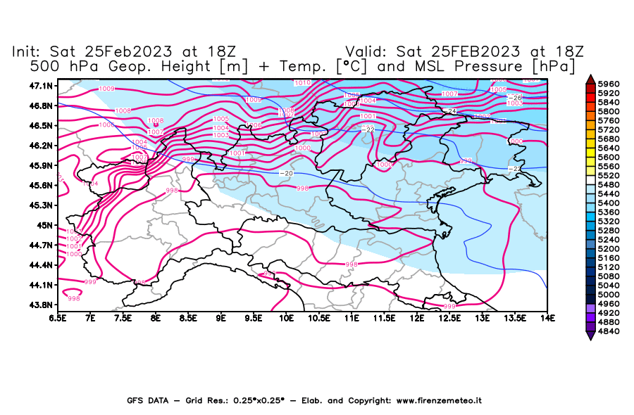 Mappa di analisi GFS - Geopotenziale [m] + Temp. [°C] a 500 hPa + Press. a livello del mare [hPa] in Nord-Italia
							del 25/02/2023 18 <!--googleoff: index-->UTC<!--googleon: index-->