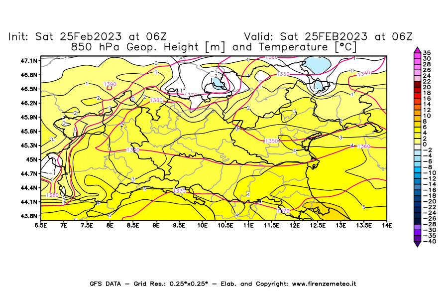 Mappa di analisi GFS - Geopotenziale [m] e Temperatura [°C] a 850 hPa in Nord-Italia
							del 25/02/2023 06 <!--googleoff: index-->UTC<!--googleon: index-->