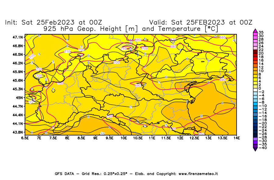 Mappa di analisi GFS - Geopotenziale [m] e Temperatura [°C] a 925 hPa in Nord-Italia
							del 25/02/2023 00 <!--googleoff: index-->UTC<!--googleon: index-->