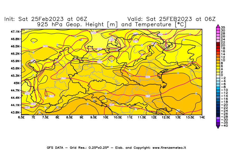 Mappa di analisi GFS - Geopotenziale [m] e Temperatura [°C] a 925 hPa in Nord-Italia
							del 25/02/2023 06 <!--googleoff: index-->UTC<!--googleon: index-->