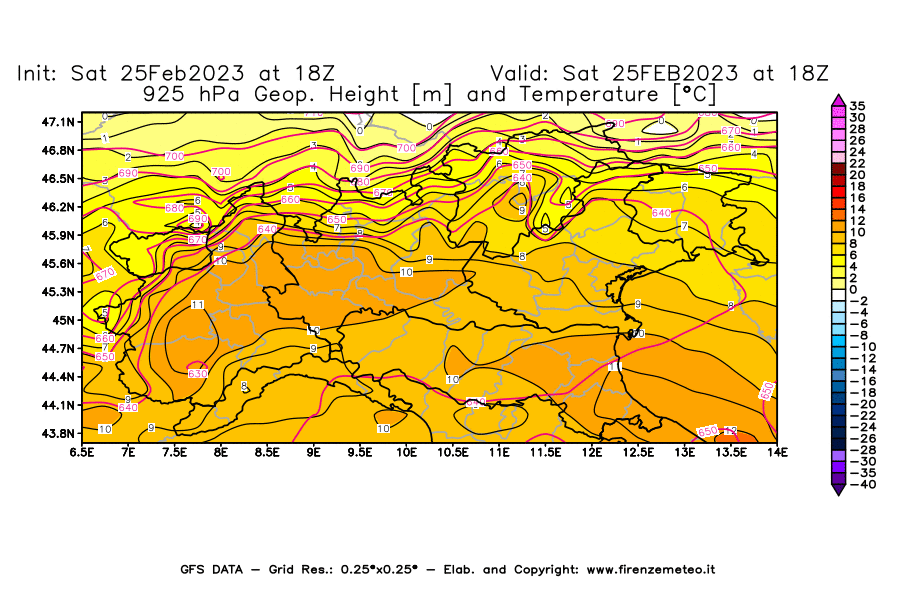 Mappa di analisi GFS - Geopotenziale [m] e Temperatura [°C] a 925 hPa in Nord-Italia
							del 25/02/2023 18 <!--googleoff: index-->UTC<!--googleon: index-->