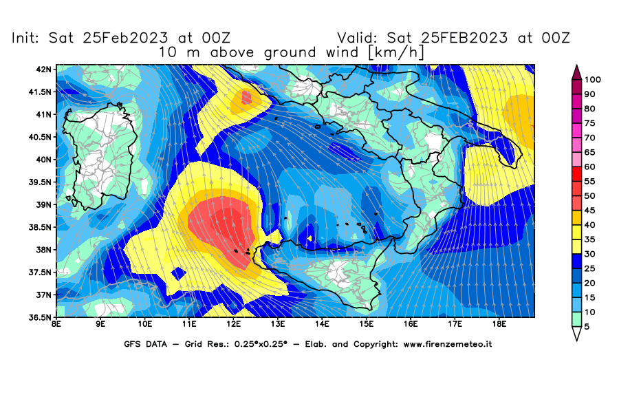 Mappa di analisi GFS - Velocità del vento a 10 metri dal suolo [km/h] in Sud-Italia
							del 25/02/2023 00 <!--googleoff: index-->UTC<!--googleon: index-->