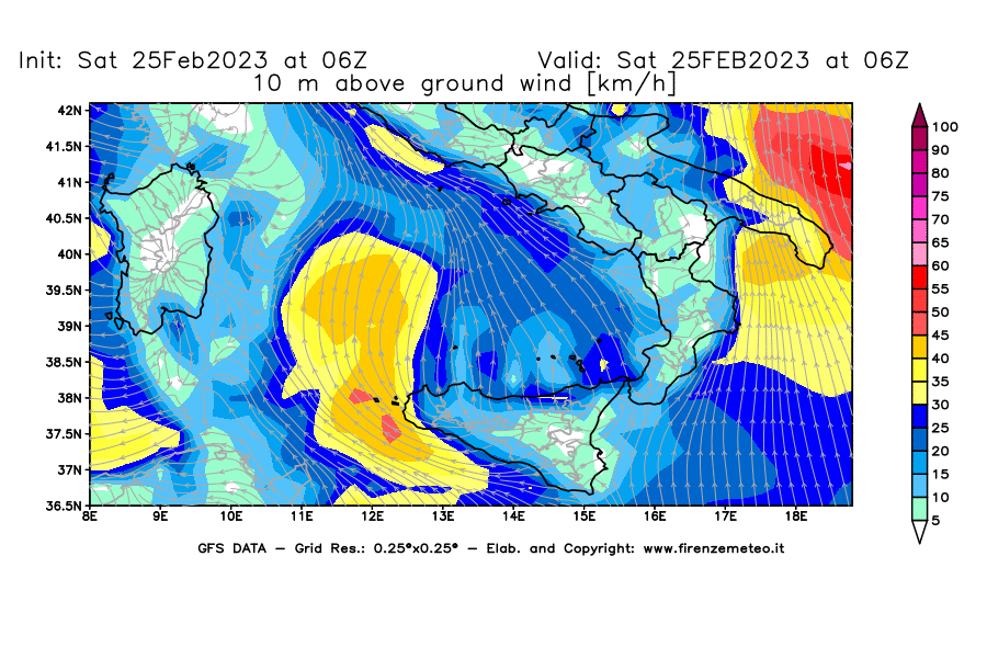 Mappa di analisi GFS - Velocità del vento a 10 metri dal suolo [km/h] in Sud-Italia
							del 25/02/2023 06 <!--googleoff: index-->UTC<!--googleon: index-->
