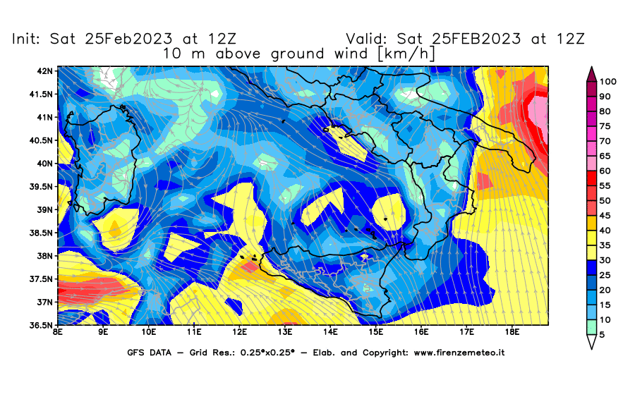 Mappa di analisi GFS - Velocità del vento a 10 metri dal suolo [km/h] in Sud-Italia
							del 25/02/2023 12 <!--googleoff: index-->UTC<!--googleon: index-->