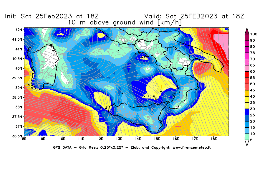 Mappa di analisi GFS - Velocità del vento a 10 metri dal suolo [km/h] in Sud-Italia
							del 25/02/2023 18 <!--googleoff: index-->UTC<!--googleon: index-->