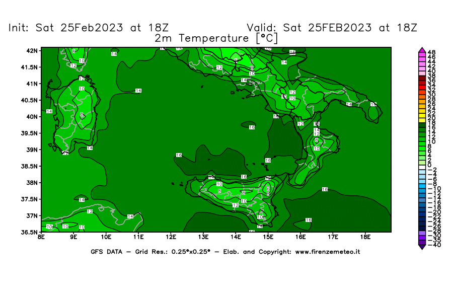 Mappa di analisi GFS - Temperatura a 2 metri dal suolo [°C] in Sud-Italia
							del 25/02/2023 18 <!--googleoff: index-->UTC<!--googleon: index-->