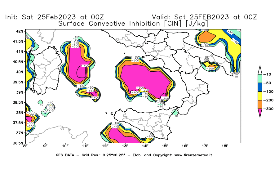 Mappa di analisi GFS - CIN [J/kg] in Sud-Italia
							del 25/02/2023 00 <!--googleoff: index-->UTC<!--googleon: index-->