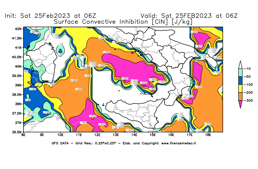 Mappa di analisi GFS - CIN [J/kg] in Sud-Italia
							del 25/02/2023 06 <!--googleoff: index-->UTC<!--googleon: index-->