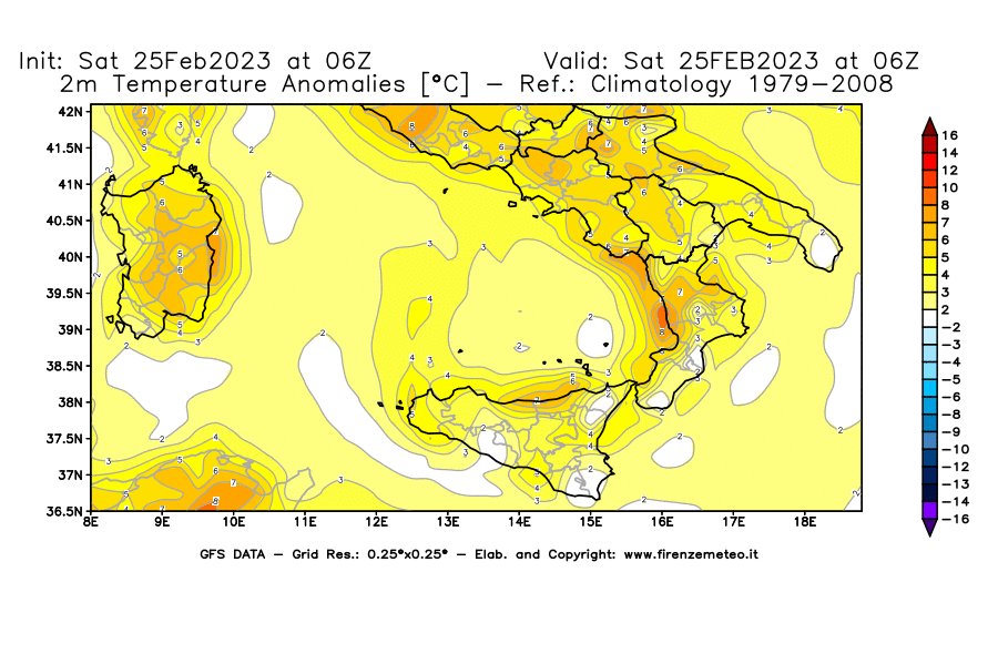 Mappa di analisi GFS - Anomalia Temperatura [°C] a 2 m in Sud-Italia
							del 25/02/2023 06 <!--googleoff: index-->UTC<!--googleon: index-->