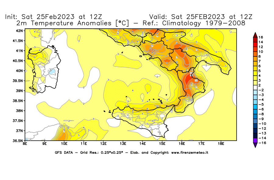 Mappa di analisi GFS - Anomalia Temperatura [°C] a 2 m in Sud-Italia
							del 25/02/2023 12 <!--googleoff: index-->UTC<!--googleon: index-->
