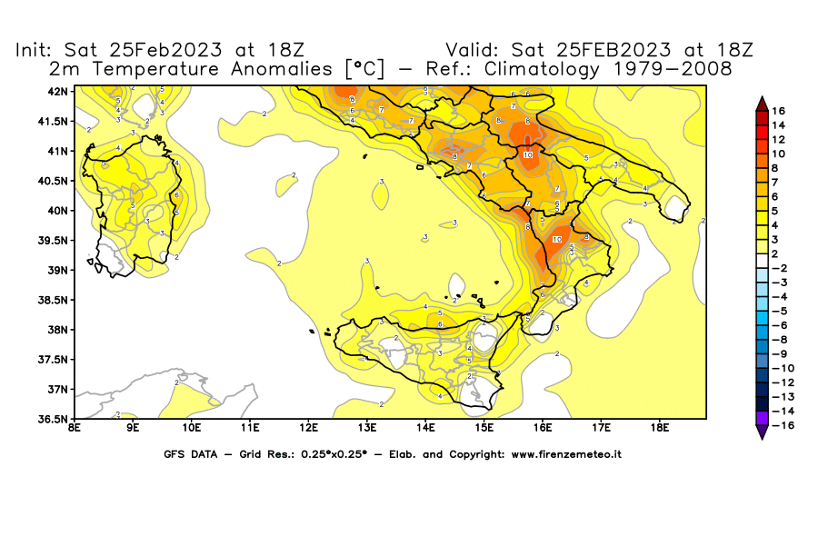 Mappa di analisi GFS - Anomalia Temperatura [°C] a 2 m in Sud-Italia
							del 25/02/2023 18 <!--googleoff: index-->UTC<!--googleon: index-->