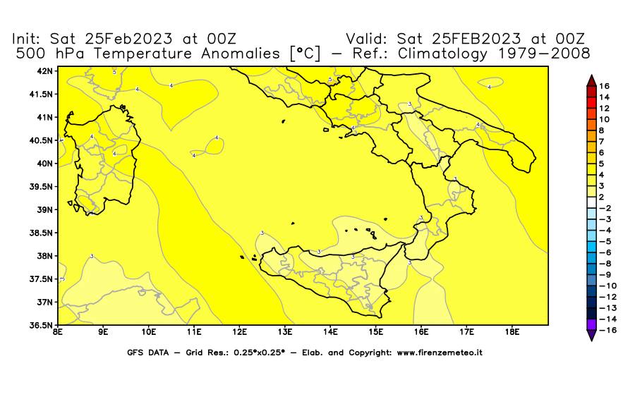 Mappa di analisi GFS - Anomalia Temperatura [°C] a 500 hPa in Sud-Italia
							del 25/02/2023 00 <!--googleoff: index-->UTC<!--googleon: index-->