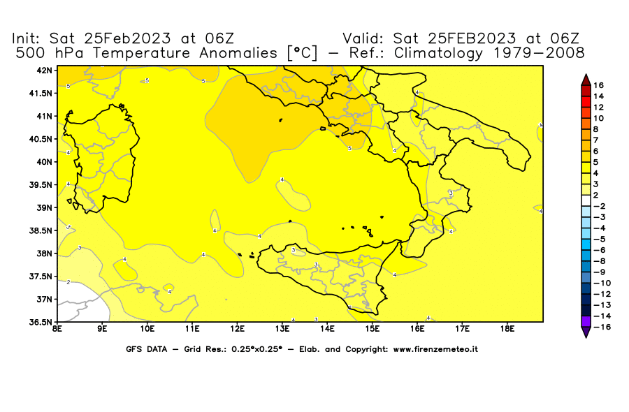 Mappa di analisi GFS - Anomalia Temperatura [°C] a 500 hPa in Sud-Italia
							del 25/02/2023 06 <!--googleoff: index-->UTC<!--googleon: index-->