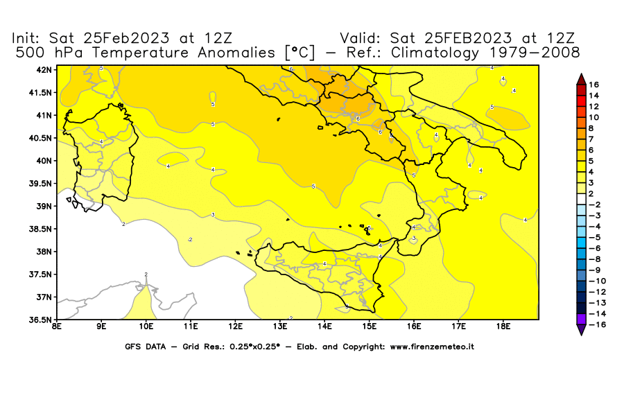 Mappa di analisi GFS - Anomalia Temperatura [°C] a 500 hPa in Sud-Italia
							del 25/02/2023 12 <!--googleoff: index-->UTC<!--googleon: index-->
