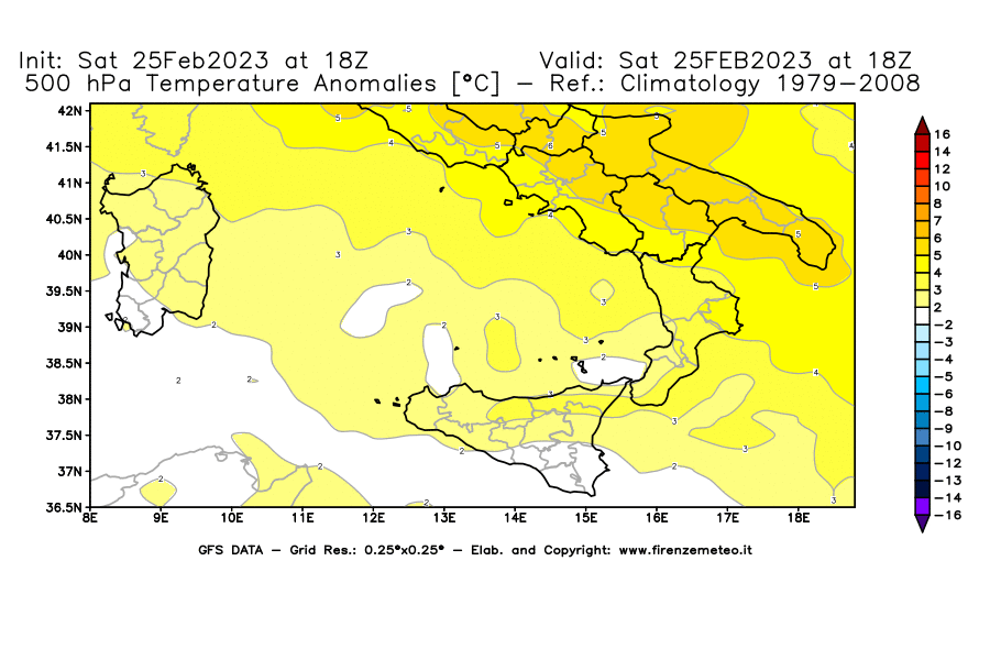Mappa di analisi GFS - Anomalia Temperatura [°C] a 500 hPa in Sud-Italia
							del 25/02/2023 18 <!--googleoff: index-->UTC<!--googleon: index-->