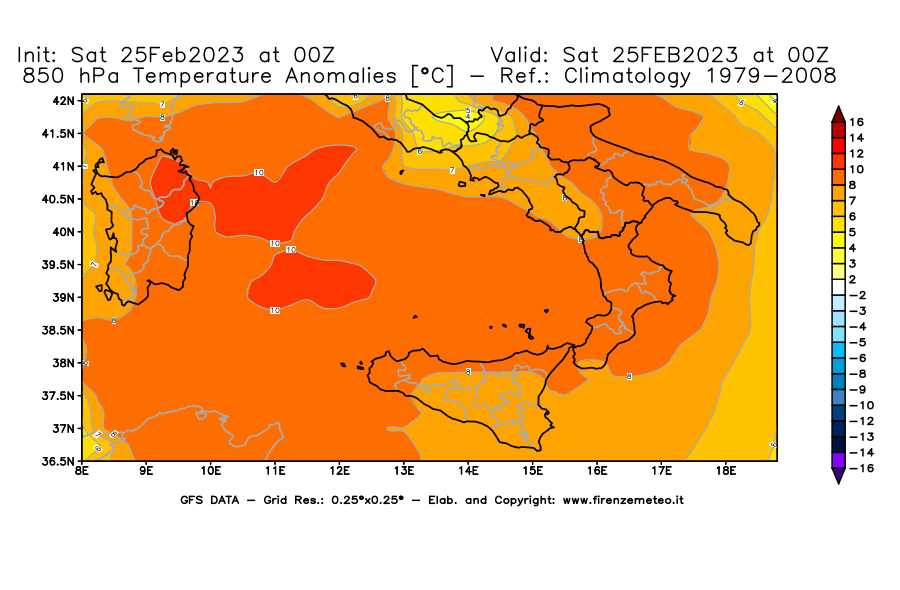 Mappa di analisi GFS - Anomalia Temperatura [°C] a 850 hPa in Sud-Italia
							del 25/02/2023 00 <!--googleoff: index-->UTC<!--googleon: index-->