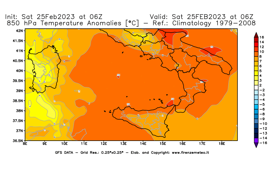 Mappa di analisi GFS - Anomalia Temperatura [°C] a 850 hPa in Sud-Italia
							del 25/02/2023 06 <!--googleoff: index-->UTC<!--googleon: index-->