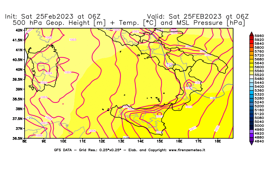 Mappa di analisi GFS - Geopotenziale [m] + Temp. [°C] a 500 hPa + Press. a livello del mare [hPa] in Sud-Italia
							del 25/02/2023 06 <!--googleoff: index-->UTC<!--googleon: index-->