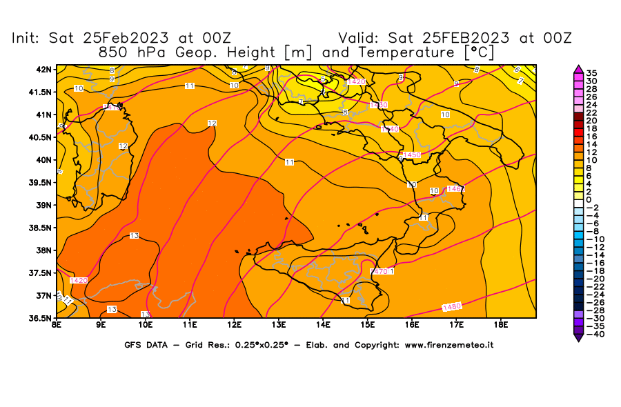 Mappa di analisi GFS - Geopotenziale [m] e Temperatura [°C] a 850 hPa in Sud-Italia
							del 25/02/2023 00 <!--googleoff: index-->UTC<!--googleon: index-->