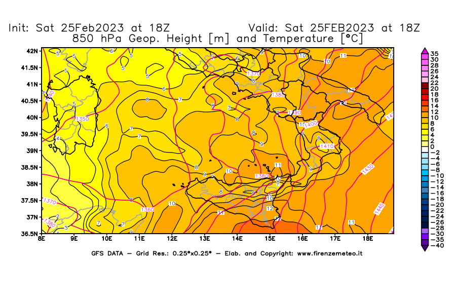 Mappa di analisi GFS - Geopotenziale [m] e Temperatura [°C] a 850 hPa in Sud-Italia
							del 25/02/2023 18 <!--googleoff: index-->UTC<!--googleon: index-->