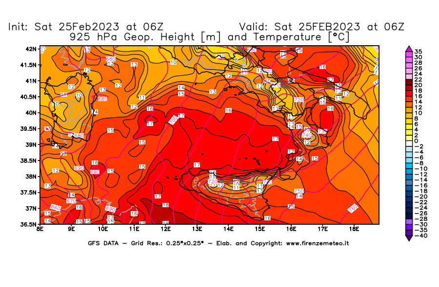 Mappa di analisi GFS - Geopotenziale [m] e Temperatura [°C] a 925 hPa in Sud-Italia
							del 25/02/2023 06 <!--googleoff: index-->UTC<!--googleon: index-->