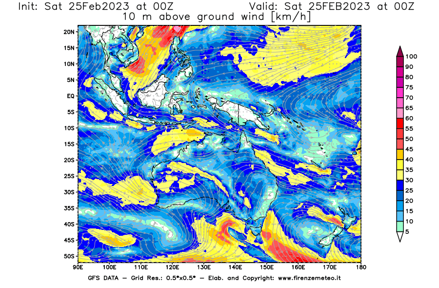 Mappa di analisi GFS - Velocità del vento a 10 metri dal suolo [km/h] in Oceania
							del 25/02/2023 00 <!--googleoff: index-->UTC<!--googleon: index-->
