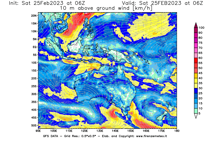 Mappa di analisi GFS - Velocità del vento a 10 metri dal suolo [km/h] in Oceania
							del 25/02/2023 06 <!--googleoff: index-->UTC<!--googleon: index-->