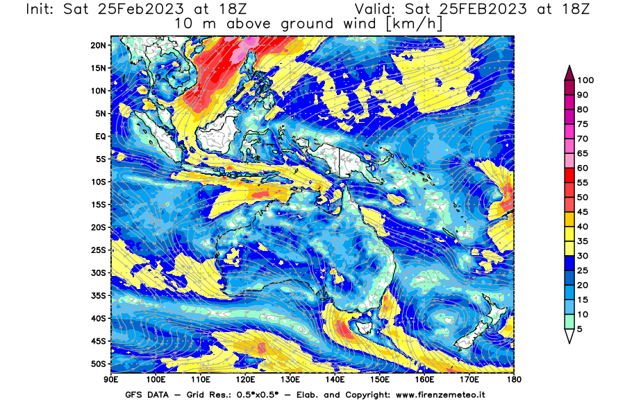 Mappa di analisi GFS - Velocità del vento a 10 metri dal suolo [km/h] in Oceania
							del 25/02/2023 18 <!--googleoff: index-->UTC<!--googleon: index-->