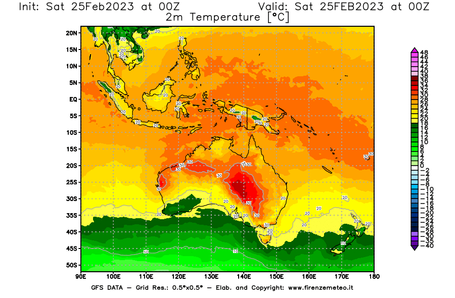 Mappa di analisi GFS - Temperatura a 2 metri dal suolo [°C] in Oceania
							del 25/02/2023 00 <!--googleoff: index-->UTC<!--googleon: index-->