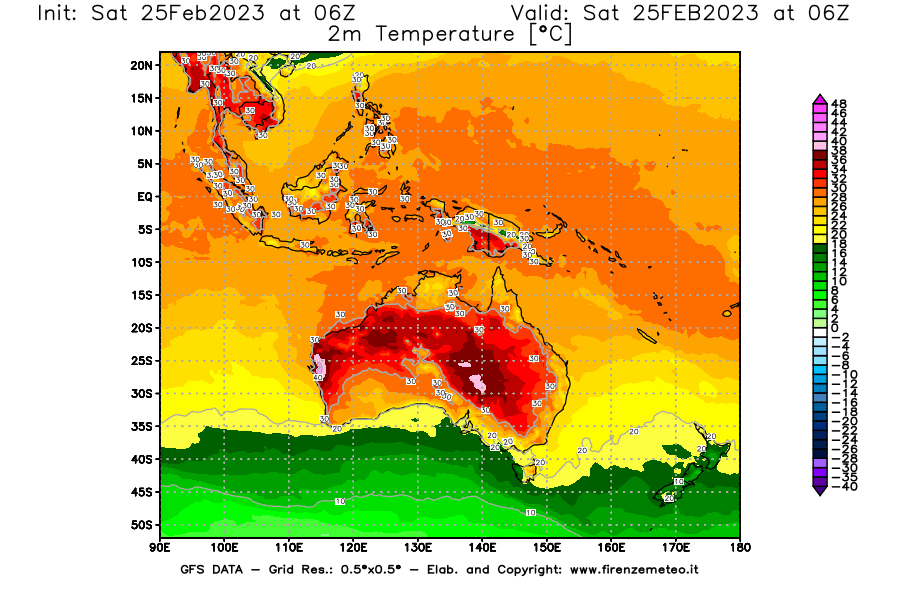 Mappa di analisi GFS - Temperatura a 2 metri dal suolo [°C] in Oceania
							del 25/02/2023 06 <!--googleoff: index-->UTC<!--googleon: index-->