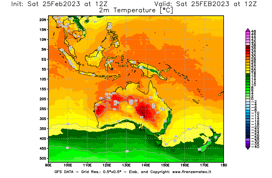 Mappa di analisi GFS - Temperatura a 2 metri dal suolo [°C] in Oceania
							del 25/02/2023 12 <!--googleoff: index-->UTC<!--googleon: index-->