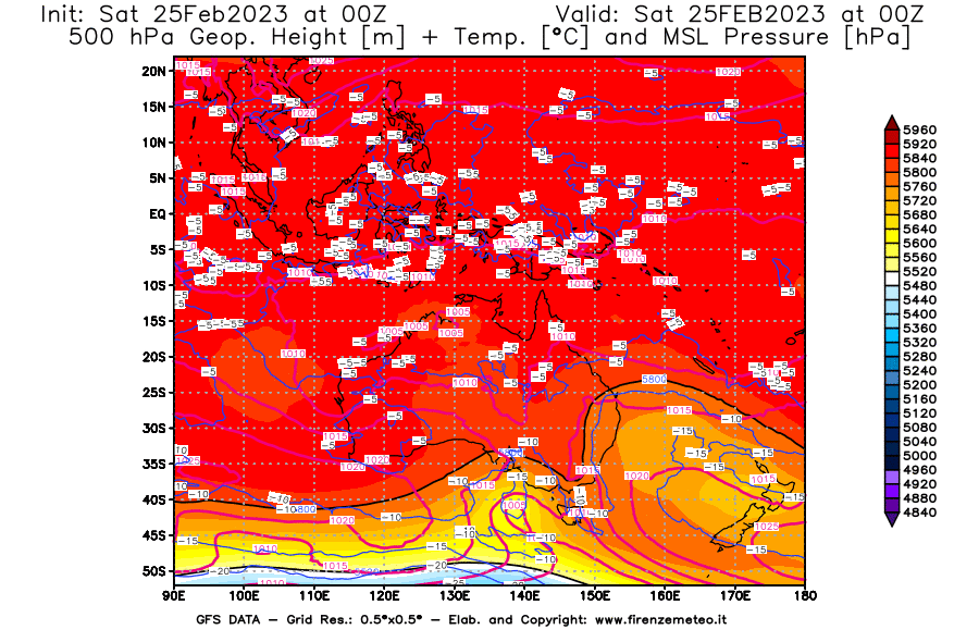 Mappa di analisi GFS - Geopotenziale [m] + Temp. [°C] a 500 hPa + Press. a livello del mare [hPa] in Oceania
							del 25/02/2023 00 <!--googleoff: index-->UTC<!--googleon: index-->