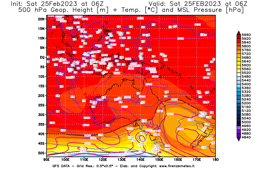 Mappa di analisi GFS - Geopotenziale [m] + Temp. [°C] a 500 hPa + Press. a livello del mare [hPa] in Oceania
							del 25/02/2023 06 <!--googleoff: index-->UTC<!--googleon: index-->