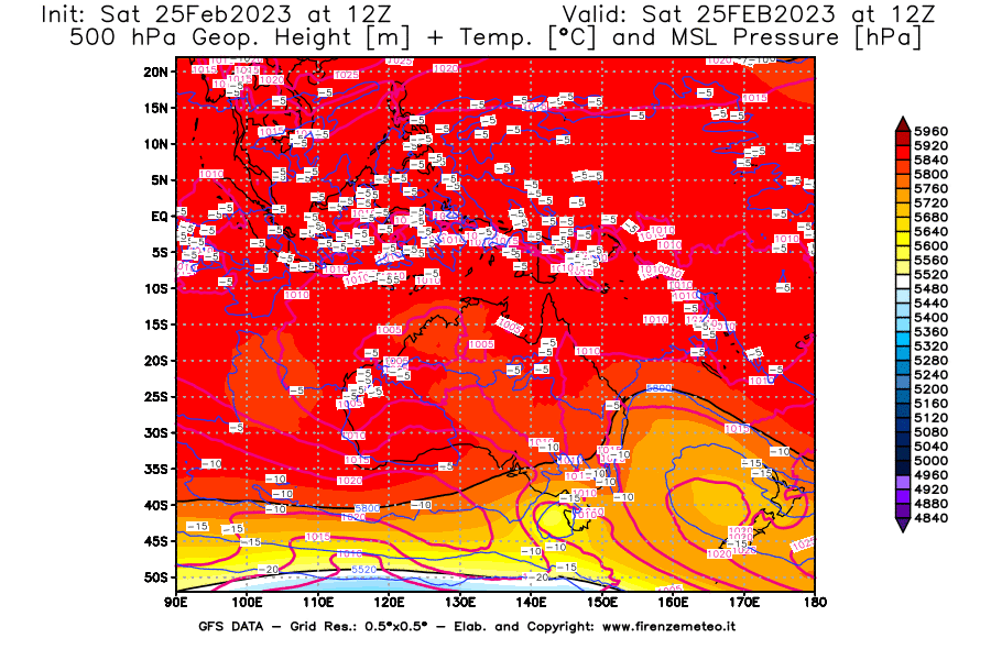 Mappa di analisi GFS - Geopotenziale [m] + Temp. [°C] a 500 hPa + Press. a livello del mare [hPa] in Oceania
							del 25/02/2023 12 <!--googleoff: index-->UTC<!--googleon: index-->