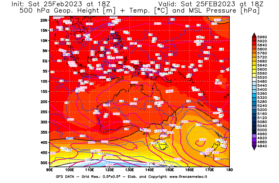 Mappa di analisi GFS - Geopotenziale [m] + Temp. [°C] a 500 hPa + Press. a livello del mare [hPa] in Oceania
							del 25/02/2023 18 <!--googleoff: index-->UTC<!--googleon: index-->