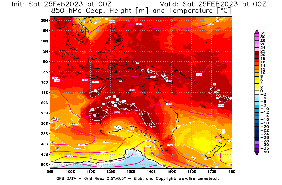 Mappa di analisi GFS - Geopotenziale [m] e Temperatura [°C] a 850 hPa in Oceania
							del 25/02/2023 00 <!--googleoff: index-->UTC<!--googleon: index-->
