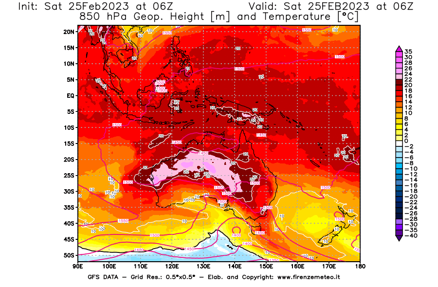 Mappa di analisi GFS - Geopotenziale [m] e Temperatura [°C] a 850 hPa in Oceania
							del 25/02/2023 06 <!--googleoff: index-->UTC<!--googleon: index-->
