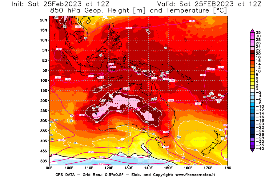 Mappa di analisi GFS - Geopotenziale [m] e Temperatura [°C] a 850 hPa in Oceania
							del 25/02/2023 12 <!--googleoff: index-->UTC<!--googleon: index-->