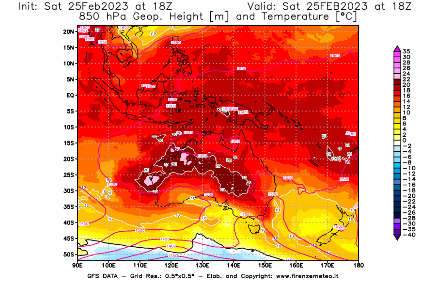 Mappa di analisi GFS - Geopotenziale [m] e Temperatura [°C] a 850 hPa in Oceania
							del 25/02/2023 18 <!--googleoff: index-->UTC<!--googleon: index-->