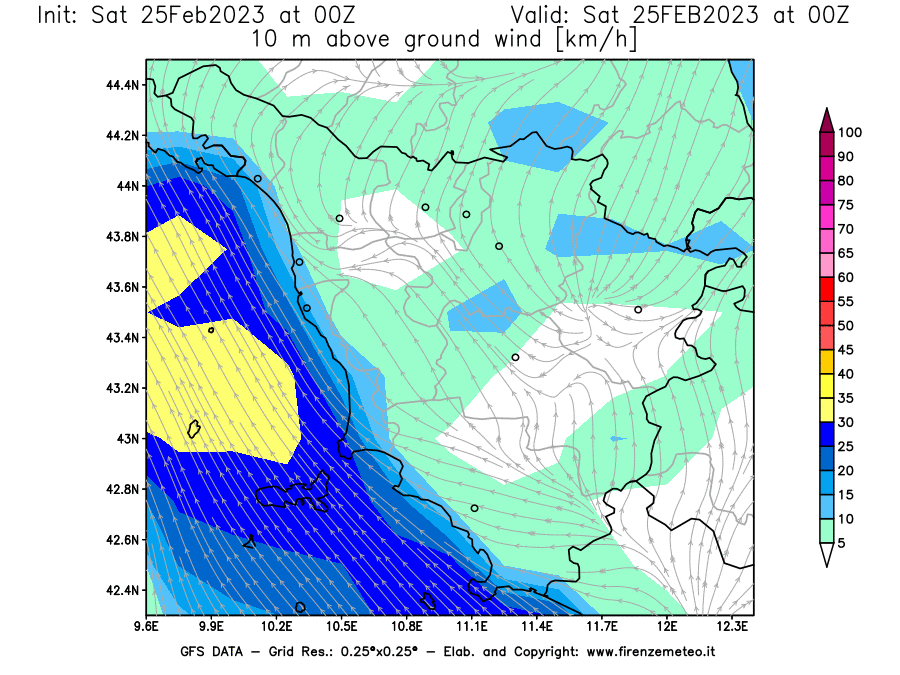 Mappa di analisi GFS - Velocità del vento a 10 metri dal suolo [km/h] in Toscana
							del 25/02/2023 00 <!--googleoff: index-->UTC<!--googleon: index-->